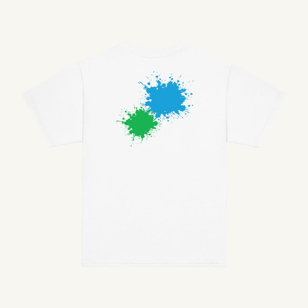 White youth T-shirt with the Cyan & Green Back Pair design, back view