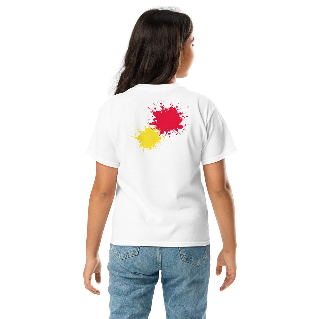 Child wearing the Red & Yellow Back Pair youth T-shirt, back view