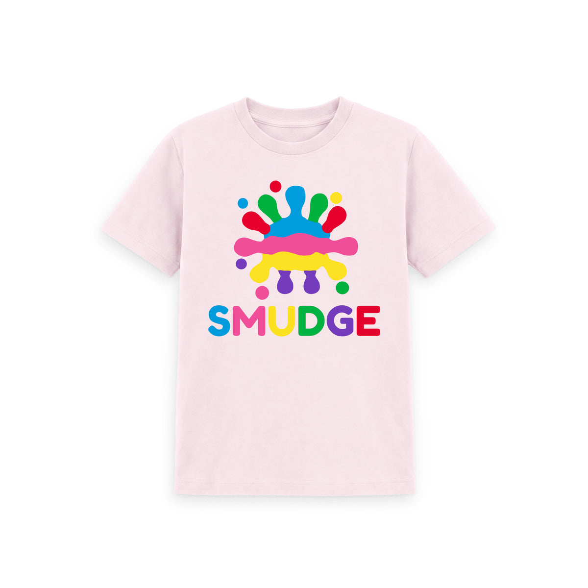 Pink kids' T-shirt with large SMUDGE splash logo on the front