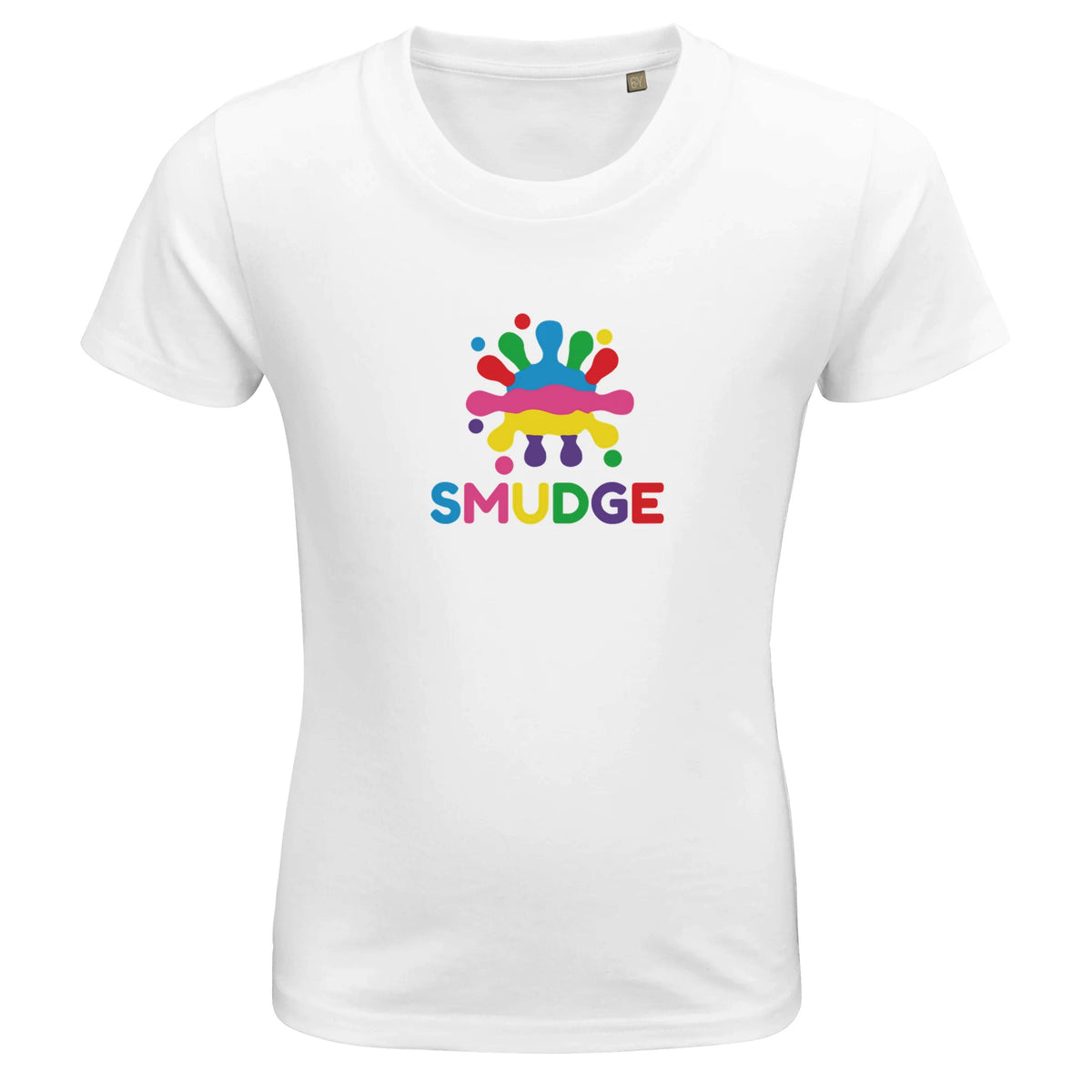 White fitted organic kids' T-shirt with SMUDGE splash logo on the chest