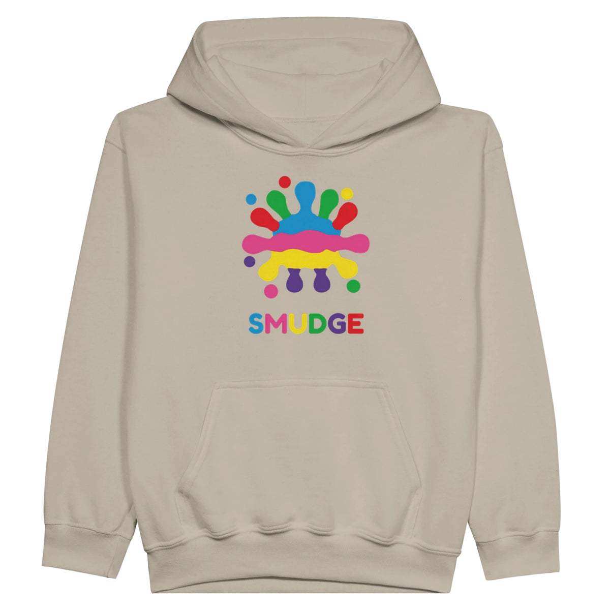 Sand youth fleece hoodie with SMUDGE splash logo on the front centre