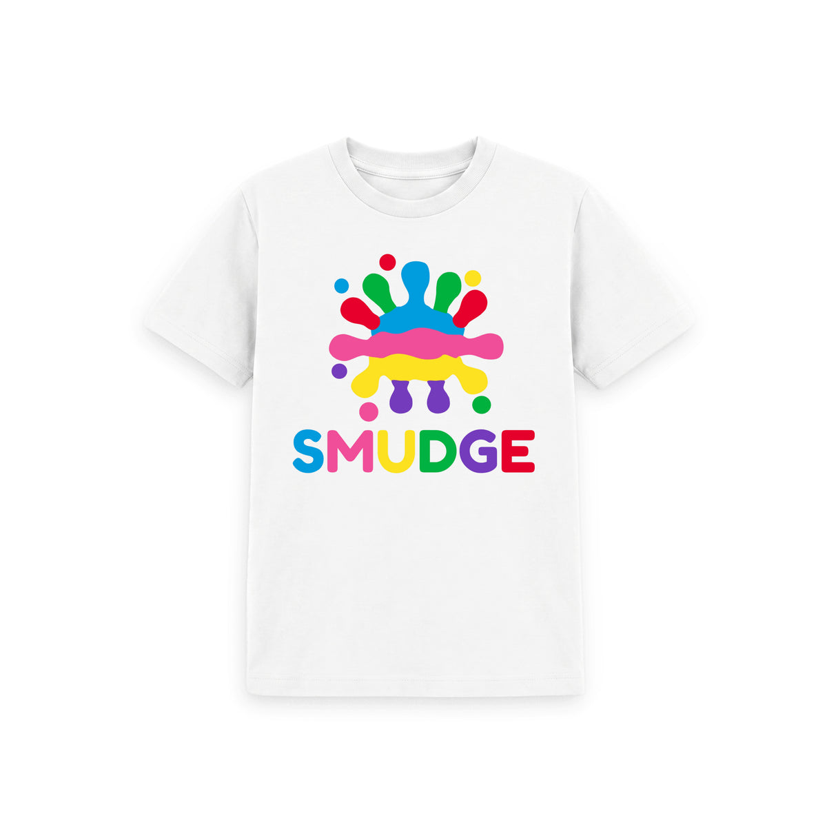 White kids' T-shirt with large SMUDGE splash logo on the front
