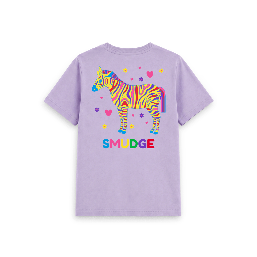 Back of the soft lilac Zebra T-shirt with a big rainbow zebra and SMUDGE wordmark