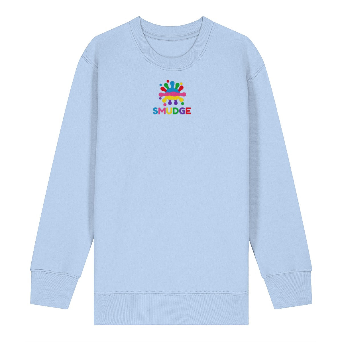 Blue Soul organic kids' sweatshirt with a small SMUDGE splash logo on the upper chest