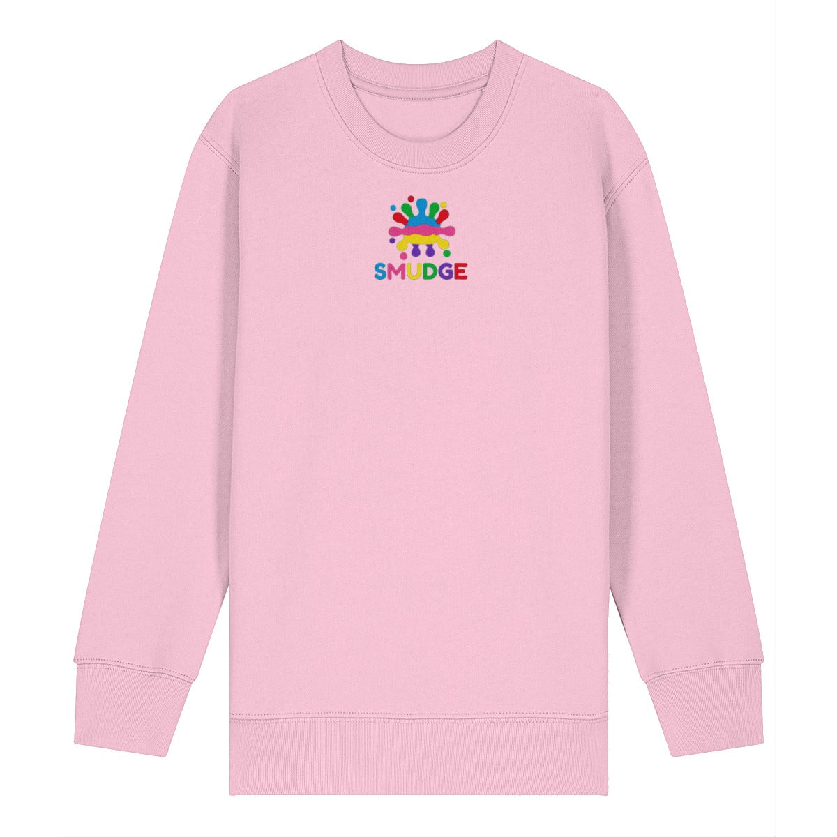 Cotton Pink organic kids' sweatshirt with a small SMUDGE splash logo on the upper chest