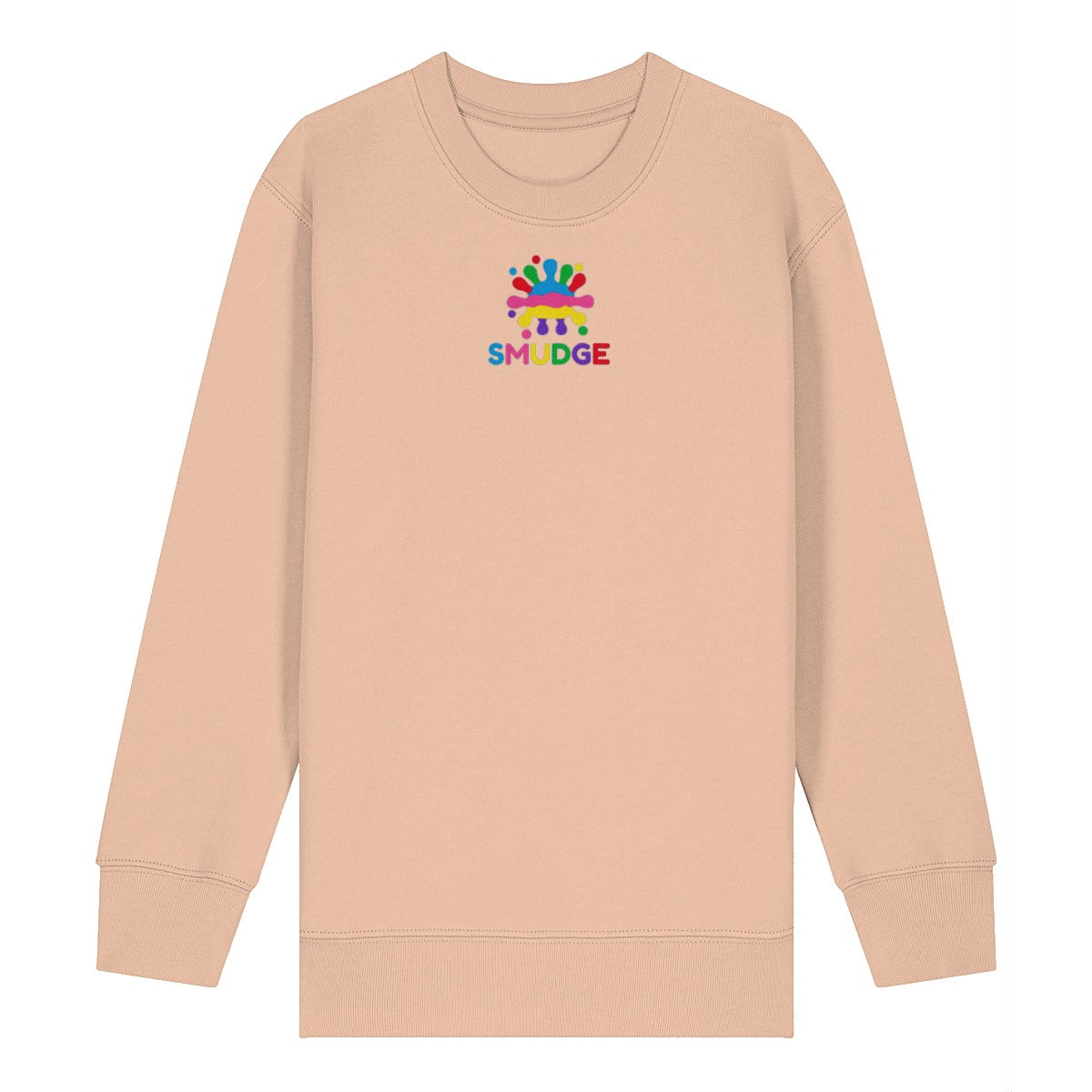 Fraiche Peche organic kids' sweatshirt with a small SMUDGE splash logo on the upper chest