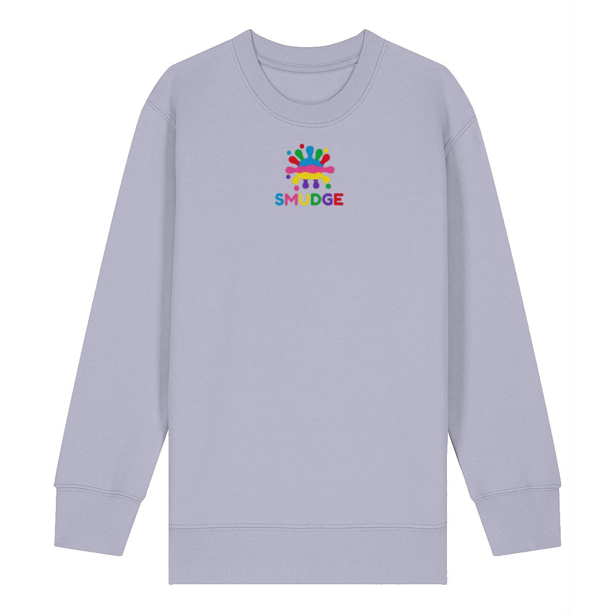 Lavender organic kids' sweatshirt with a small SMUDGE splash logo on the upper chest