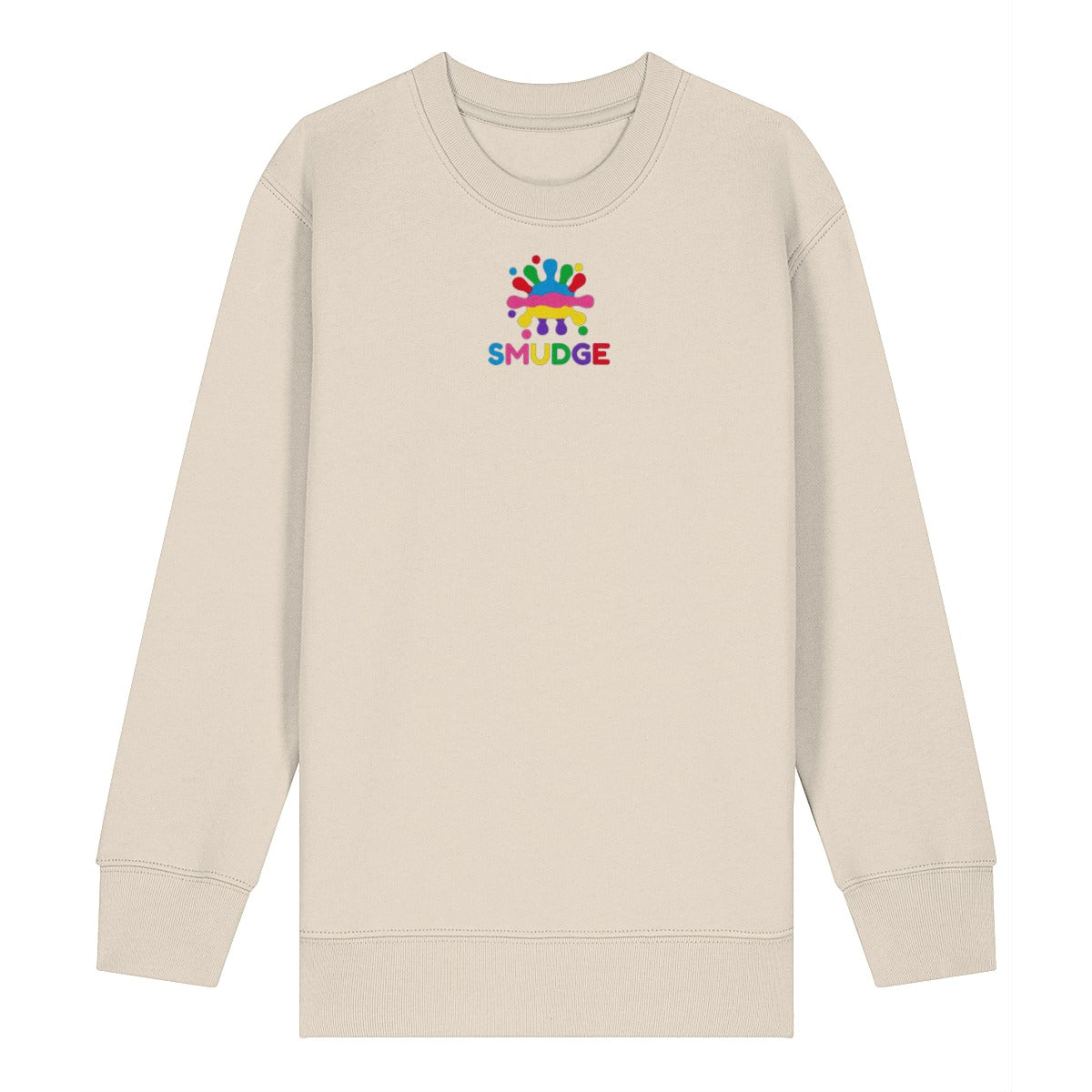 Natural Raw organic kids' sweatshirt with a small SMUDGE splash logo on the upper chest
