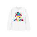 White long sleeve kids' T-shirt with SMUDGE splash logo on the front centre