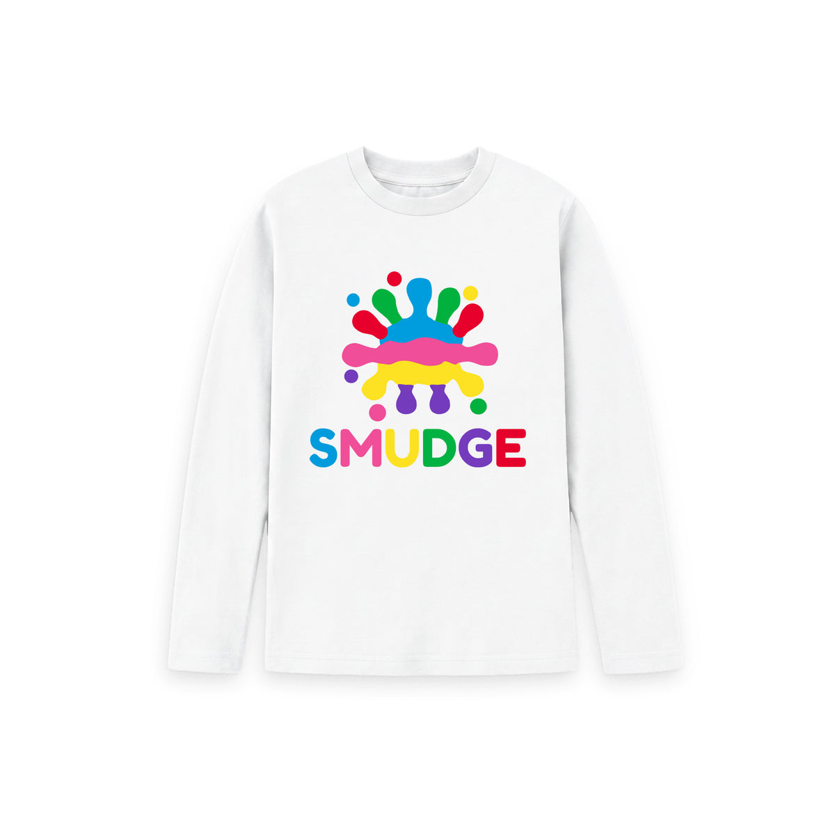 White long sleeve kids' T-shirt with SMUDGE splash logo on the front centre