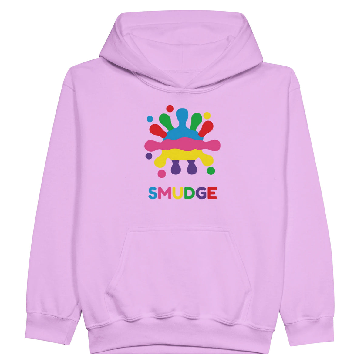 Light Pink youth fleece hoodie with SMUDGE splash logo on the front centre