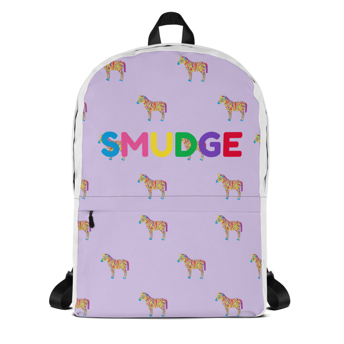 Lilac Zebra backpack with small zebras all over and SMUDGE wordmark on the front