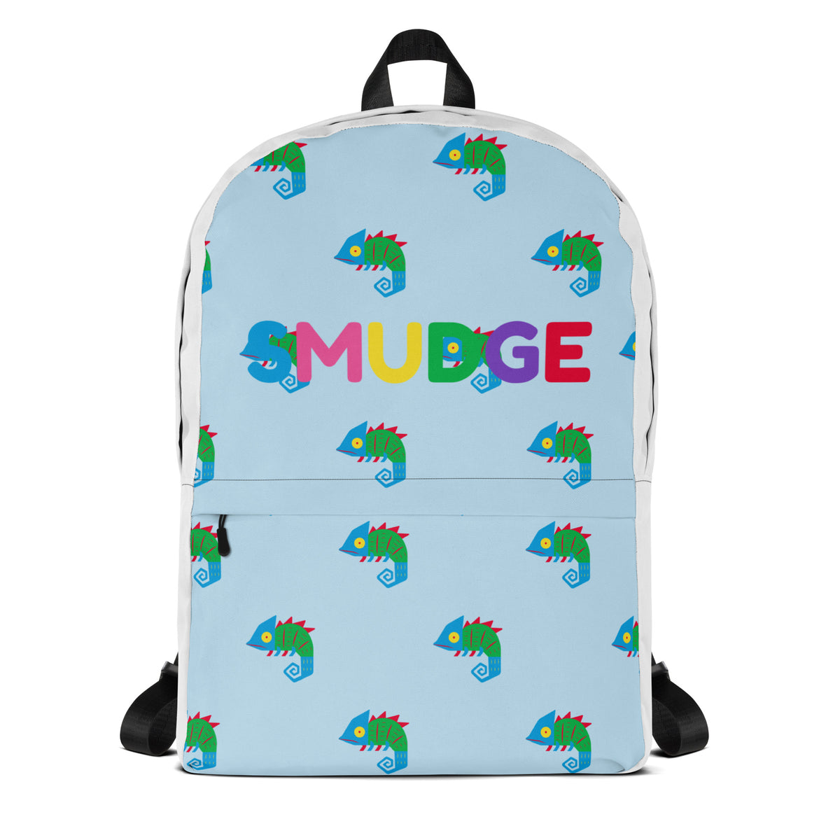 Light blue Chameleon backpack with small chameleons all over and SMUDGE wordmark on the front