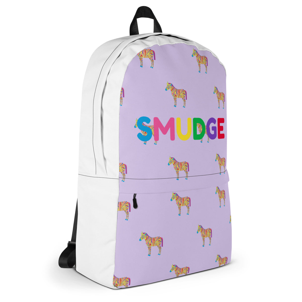 Side view of the lilac Zebra backpack with SMUDGE wordmark