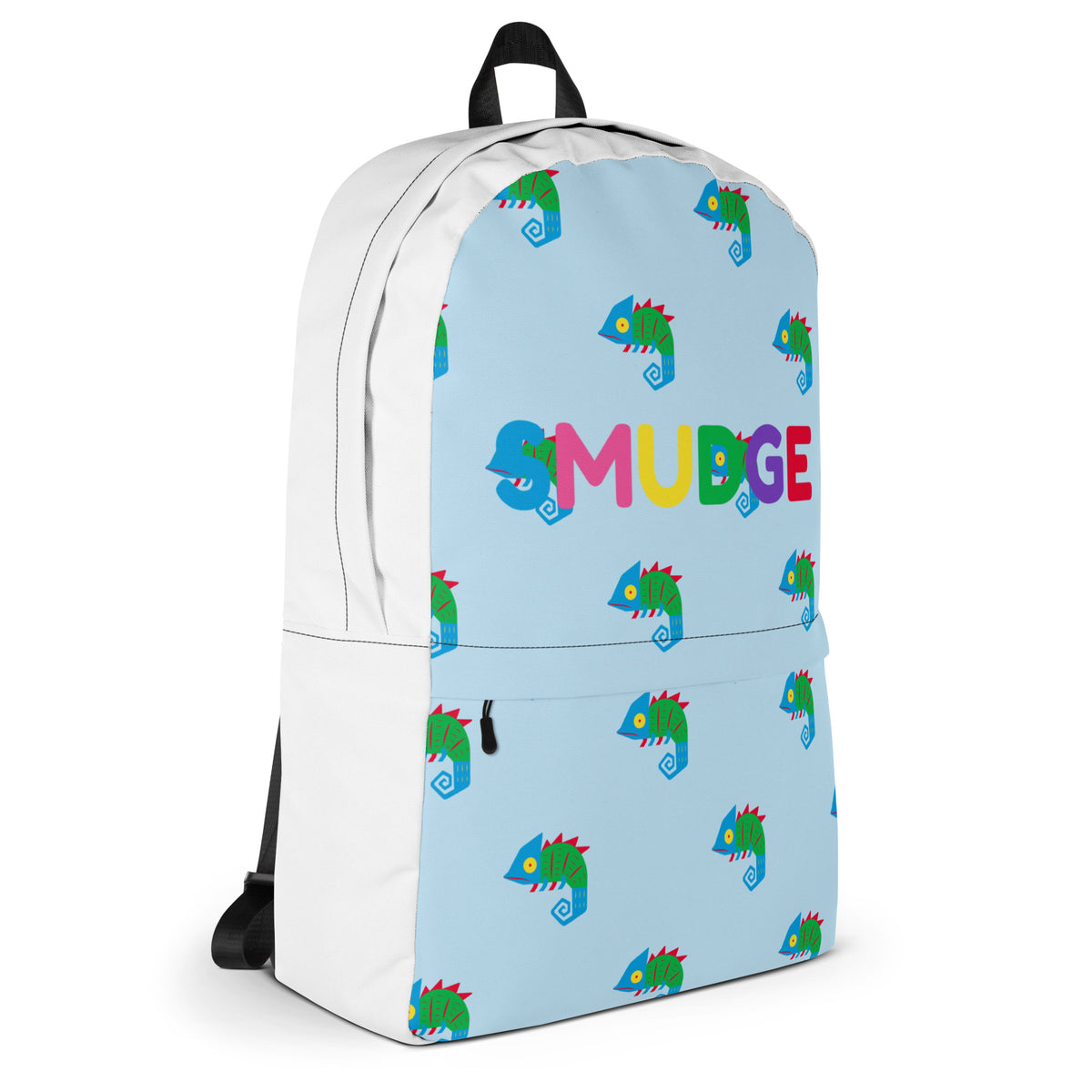 Side view of the light blue Chameleon backpack with SMUDGE wordmark
