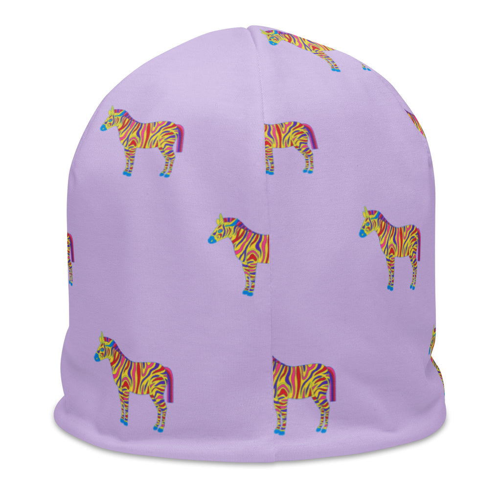 Lilac Zebra beanie, back view with small zebras