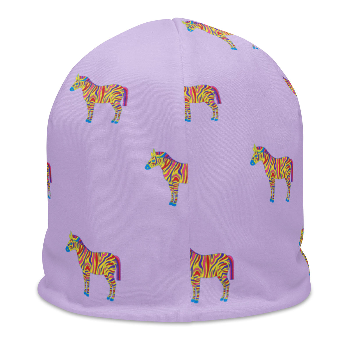 Lilac Zebra beanie, back view with small zebras