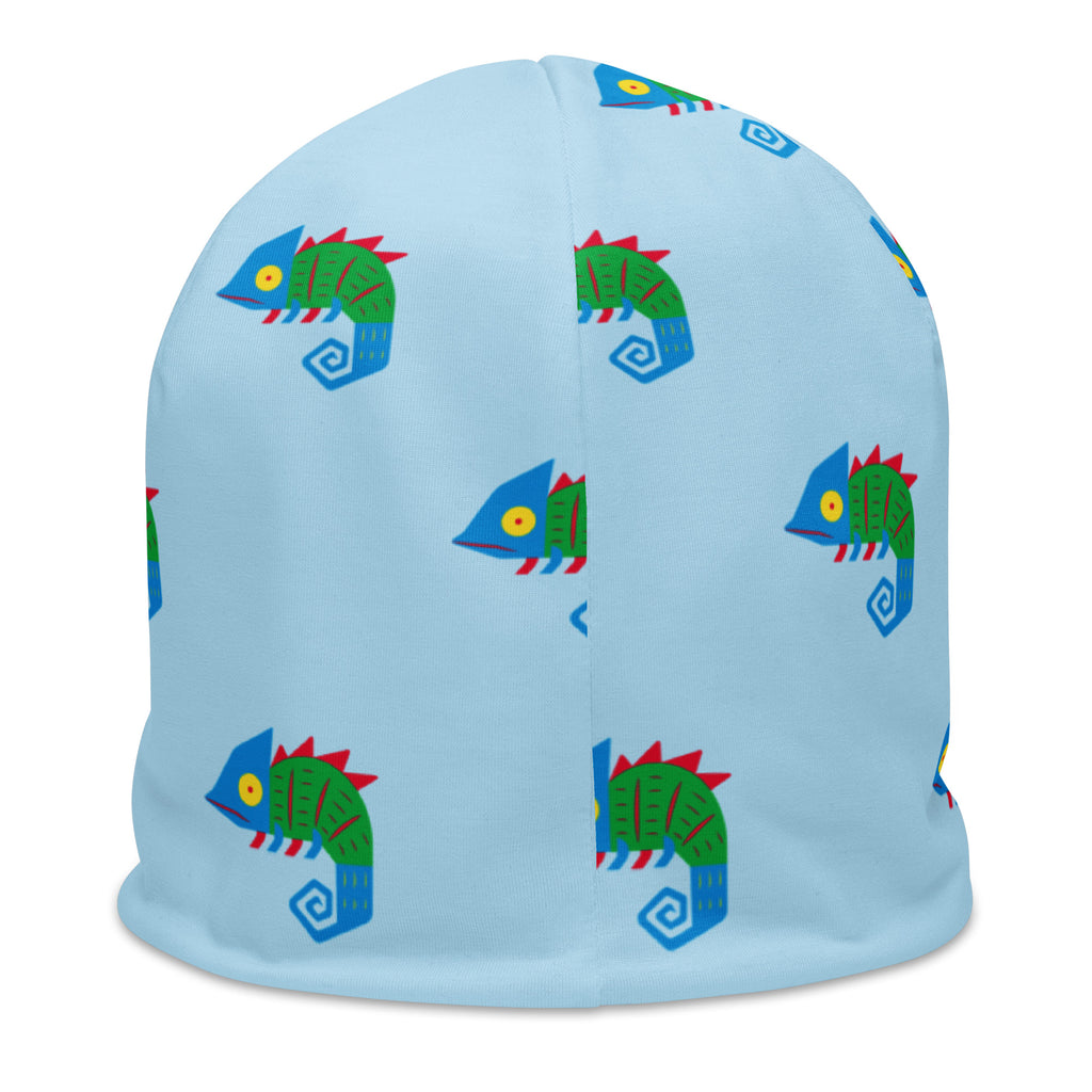 Light blue Chameleon beanie, back view with small chameleons