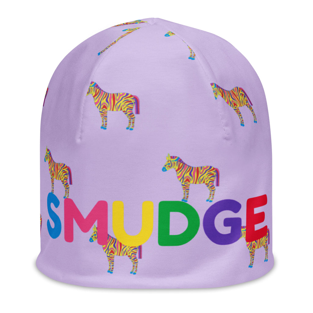 Lilac Zebra beanie with small zebras and a big SMUDGE wordmark across the front