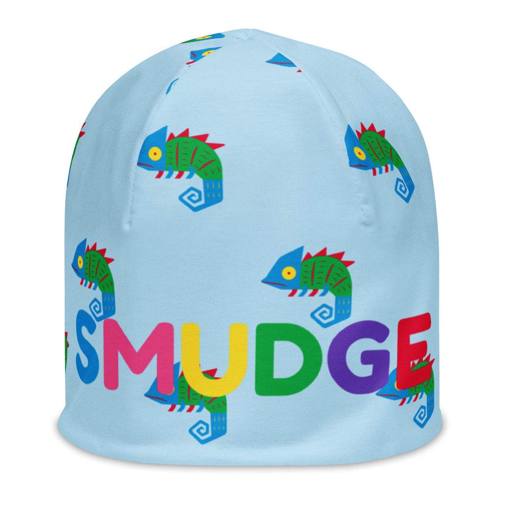 Light blue Chameleon beanie with small chameleons and a big SMUDGE wordmark across the front