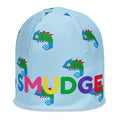 Light blue Chameleon beanie with small chameleons and a big SMUDGE wordmark across the front