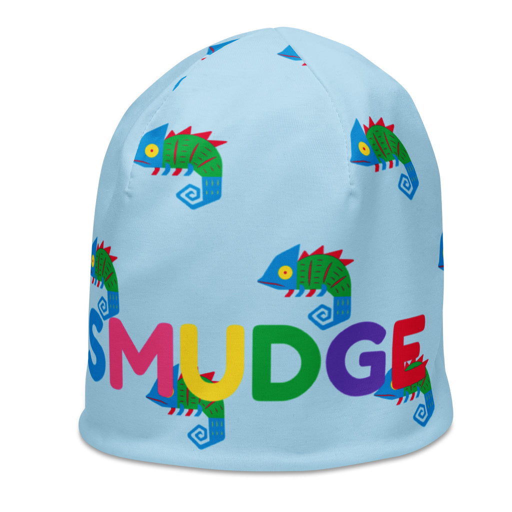 Light blue Chameleon beanie, left side