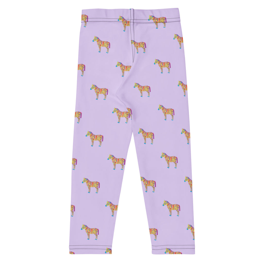Lilac Zebra kids' leggings, back view with small zebras all over
