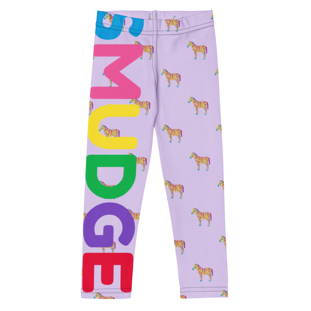 Lilac Zebra kids' leggings with small zebras all over and a big SMUDGE wordmark down one leg