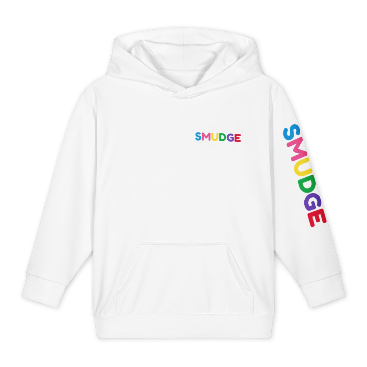 White youth hoodie with a small SMUDGE wordmark on the chest and the wordmark down the left sleeve