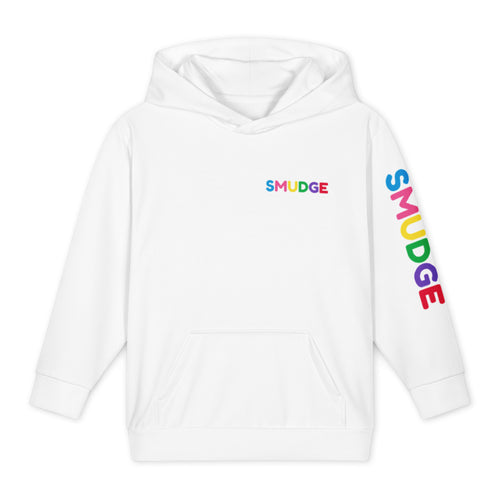 White youth hoodie with a small SMUDGE wordmark on the chest and the wordmark down the left sleeve
