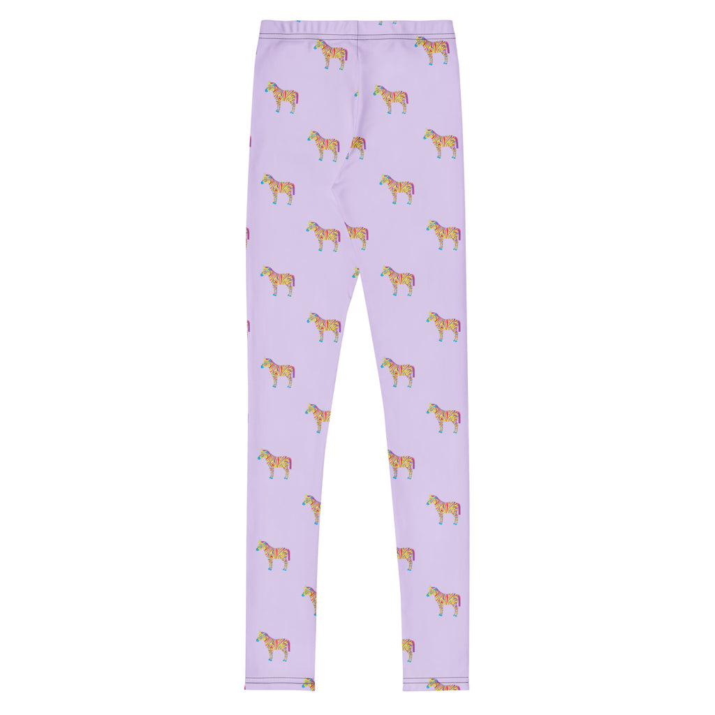 Lilac Zebra youth leggings, back view with small zebras all over
