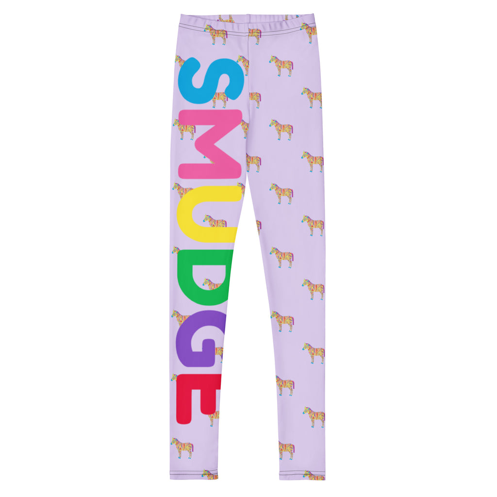 Lilac Zebra youth leggings with small zebras all over and a big SMUDGE wordmark down one leg