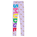 Lilac Zebra youth leggings with small zebras all over and a big SMUDGE wordmark down one leg