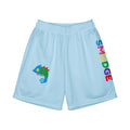 Light blue Chameleon boys' shorts with a chameleon on the leg and SMUDGE wordmark down the side seam