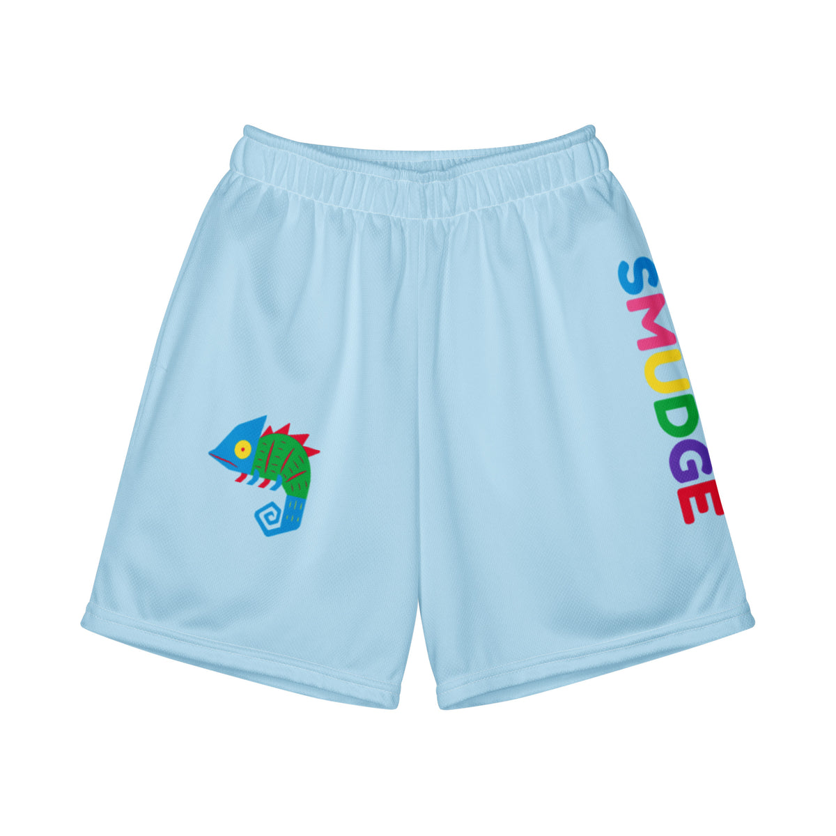 Light blue Chameleon boys' shorts with a chameleon on the leg and SMUDGE wordmark down the side seam