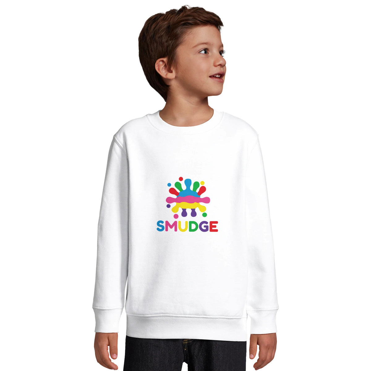 Boy wearing the white SMUDGE kids' sweatshirt with the splash logo on the chest