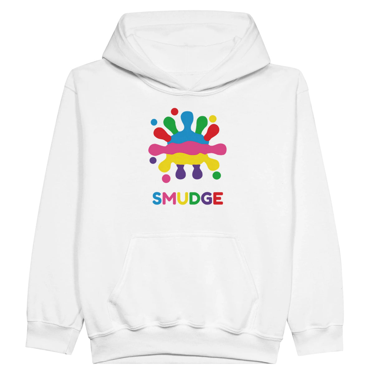 White youth fleece hoodie with SMUDGE splash logo on the front centre