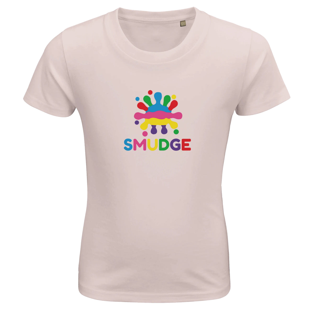 Pale Pink fitted organic kids' T-shirt with SMUDGE splash logo on the chest