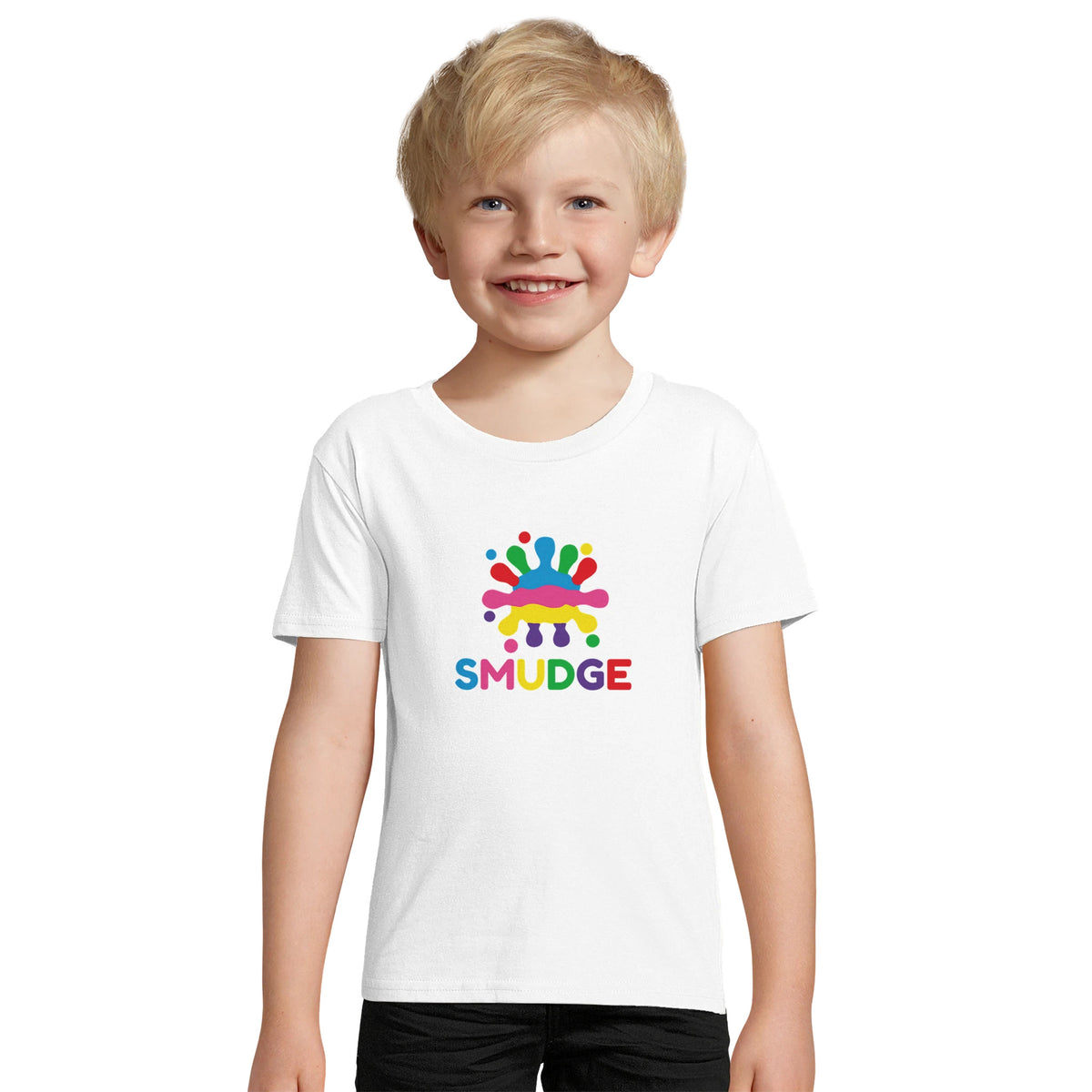 Boy wearing the white fitted SMUDGE T-shirt with the splash logo on the chest