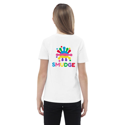 Back of the white organic SMUDGE T-shirt with a big splash logo across the back