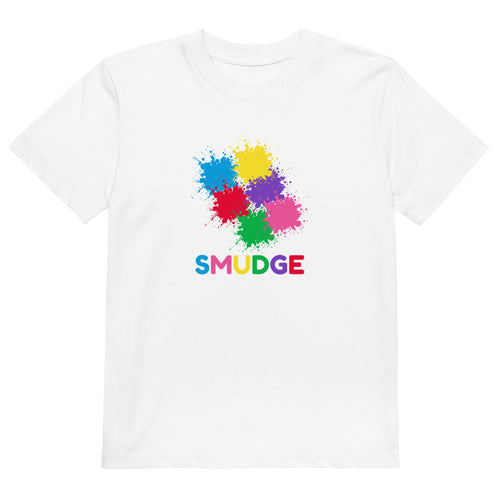 White organic kids' T-shirt laid flat with colourful paint splats and SMUDGE wordmark on the front centre