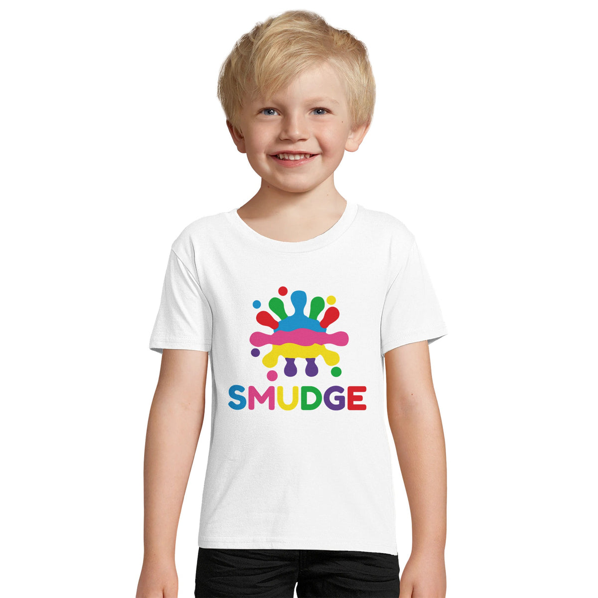 Boy wearing the white organic kids' T-shirt with a large SMUDGE splash logo on the front centre
