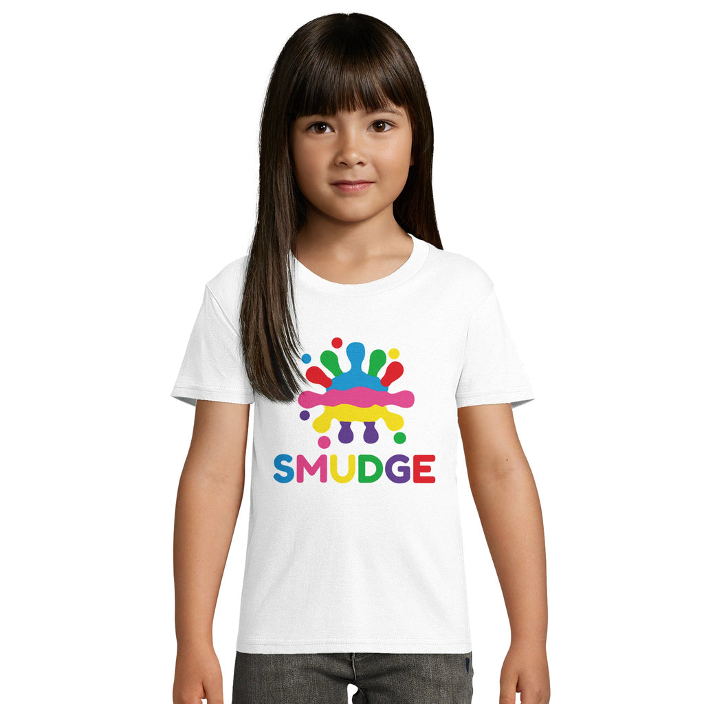 Girl wearing the white organic kids' T-shirt with a large SMUDGE splash logo on the front centre
