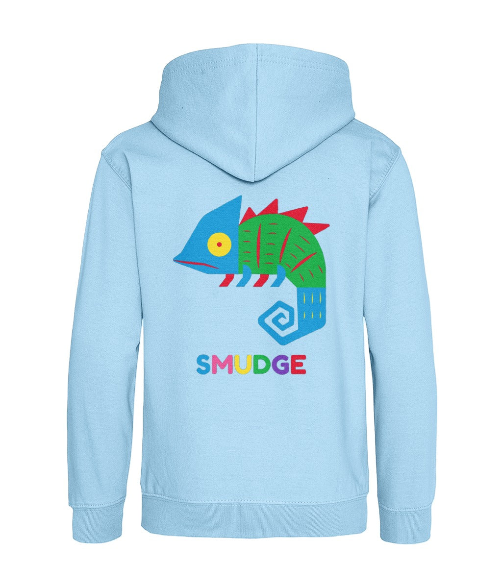 Back of the light blue Chameleon hoodie with a big chameleon and SMUDGE wordmark