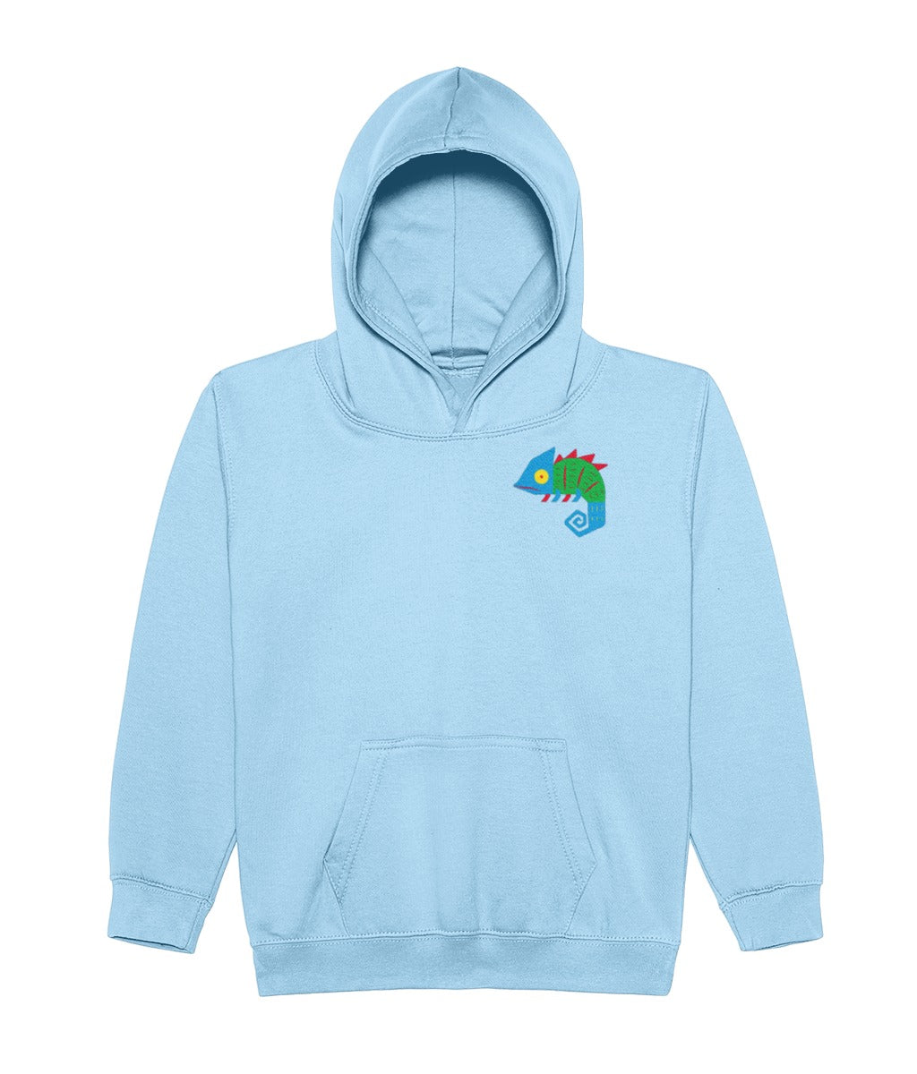 Light blue Chameleon kids' hoodie with a small chameleon on the chest