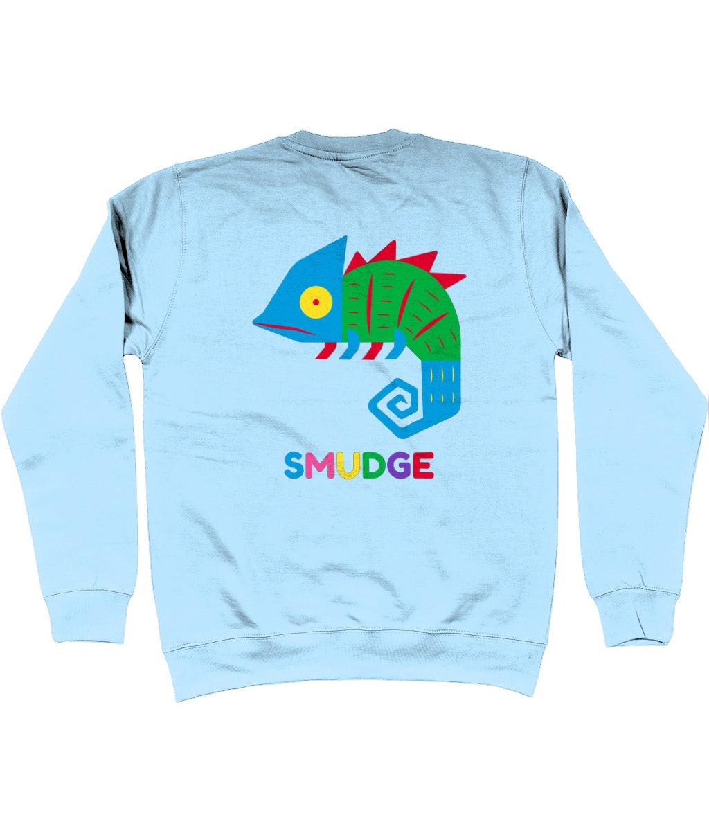 Back of the light blue Chameleon sweatshirt with a big chameleon and SMUDGE wordmark