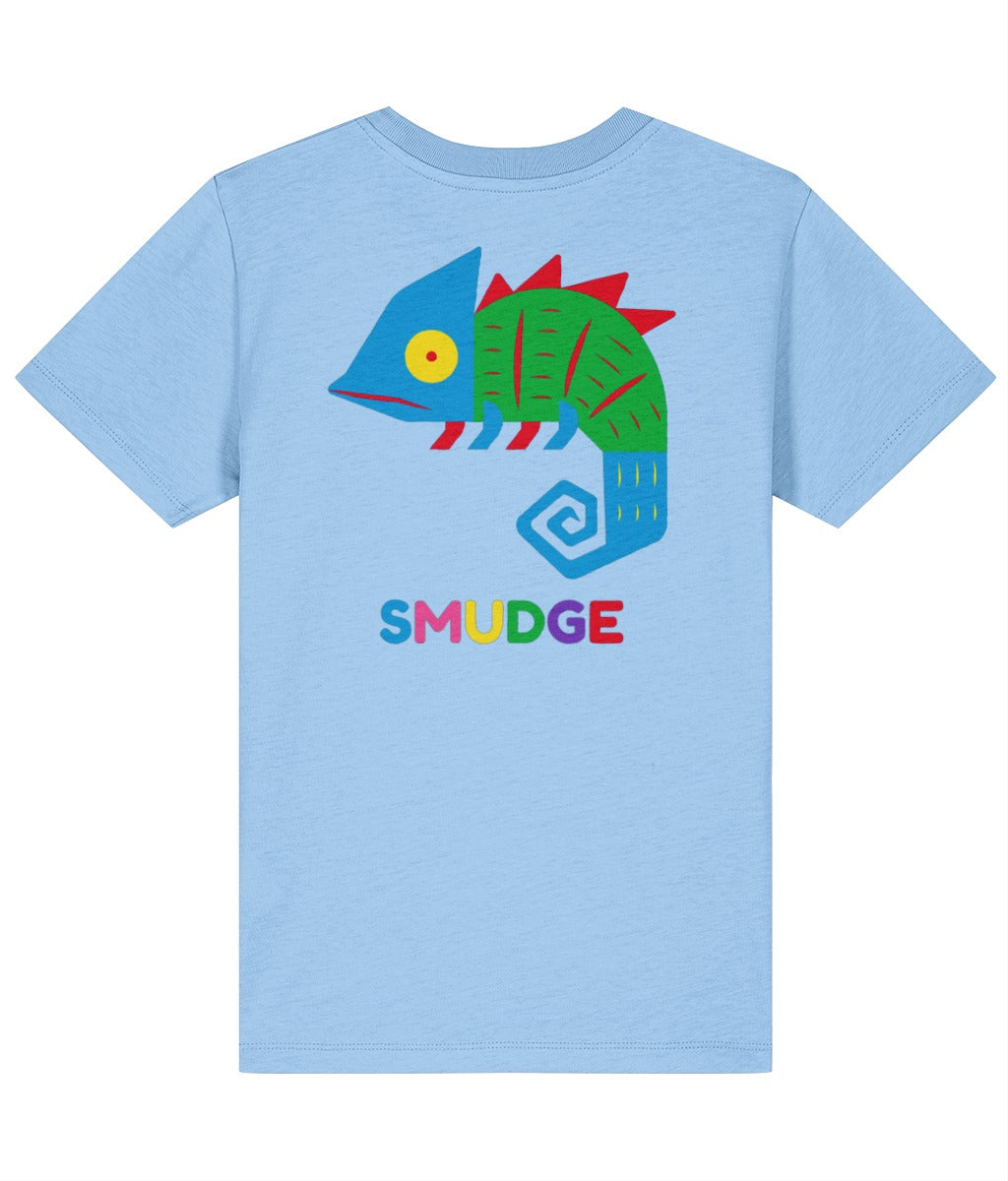Back of the light blue Chameleon T-shirt with a big chameleon and SMUDGE wordmark