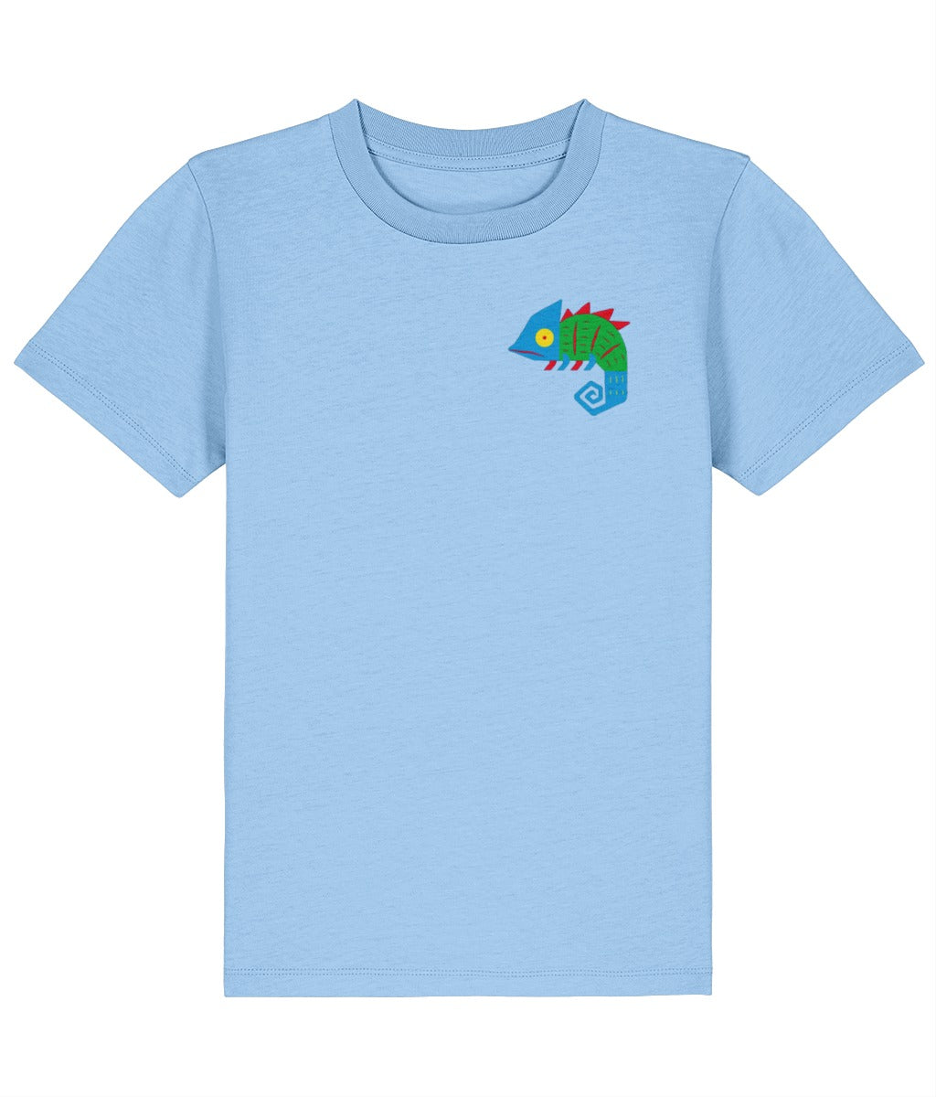Light blue Chameleon kids' T-shirt with a small chameleon on the chest