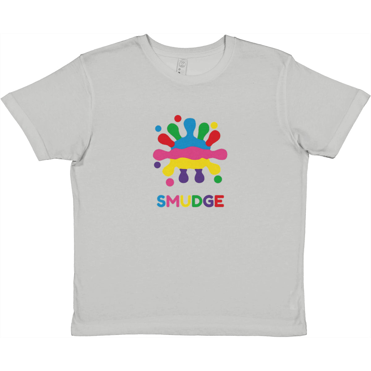 Ash grey kids' T-shirt with SMUDGE splash logo on the front centre