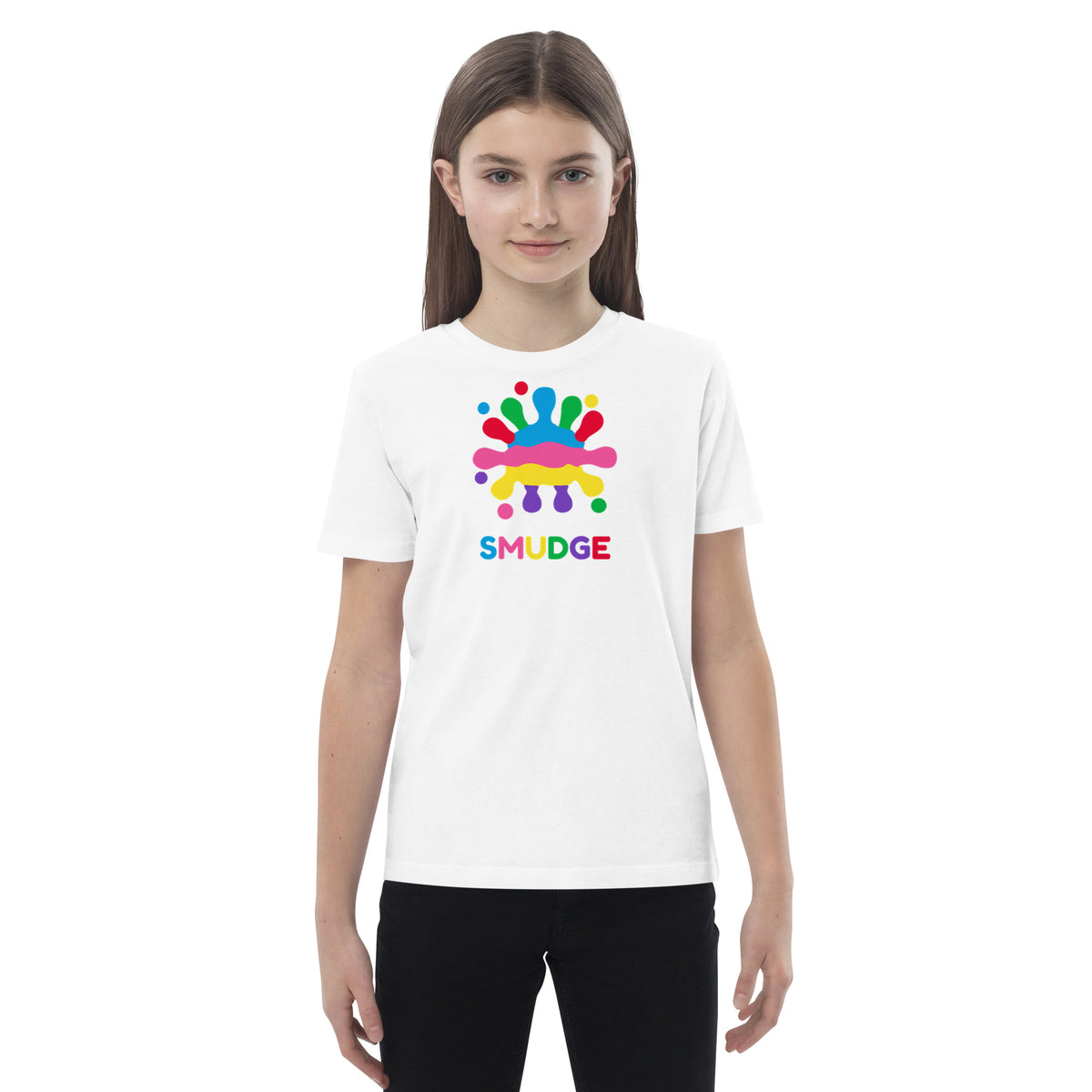 Child wearing the white organic SMUDGE T-shirt with the large splash logo on the front